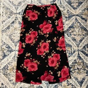 Norton‎ McNaughton Black Floral Maxi Skirt Size 10 Pink Red Flowers Side Slit